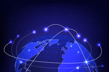 Futuristic illustration of global communication and data exchange with glowing lines on Earth