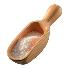 Close up of a wooden scoop filled with white granules against a black background in studio lighting Isolated on transparent background, png