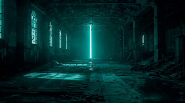Abandoned Warehouse Green Light Beam Dark Ruins Windows Dusty Floor Interior