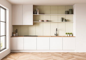 Sleek modern kitchen interior with white cabinetry, open shelves, wooden countertop, beige wall panels, and natural light. 3D Rendering