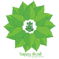 Happy Diwali Festival Illustration with Green Leaf Circle, Lord Ganesha Silhouette, Elegant Decorative Design, and Vibrant Indian Celebration Artwork for Greeting Card or Holiday Poster