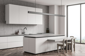 Modern minimalist kitchen interior with sleek furniture and concrete wall panels, shown in bright natural light through large windows. 3D Rendering