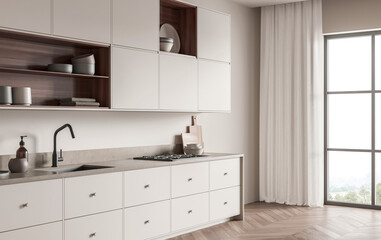 Modern kitchen interior with white cabinets, wood open shelving, soft lighting, and large window in minimalist style on a neutral background. 3D Rendering