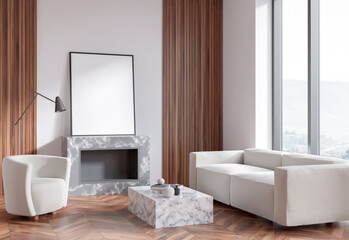 Blank poster mockup in minimalist interior with marble fireplace, modern armchair, white sofa, and parquet floor against a clean wall. 3D Rendering