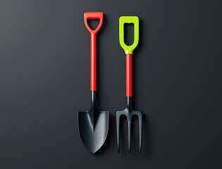 Garden tools set on dark background shovel and fork flat lay gardening equipment