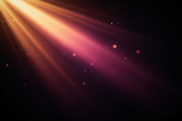 Abstract light rays with glowing particles on dark black background, warm and cool tones