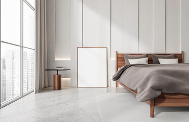 Contemporary bedroom interior featuring empty poster mockup on floor, minimalist design style, light background wall, concept of clean layout. 3D Rendering