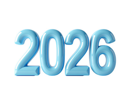 Blue inflatable balloon numbers for the year 2026 isolated on white.
