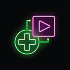 Fototapeta premium Glowing neon icon of healthcare video streaming platform with bright green cross and purple play button