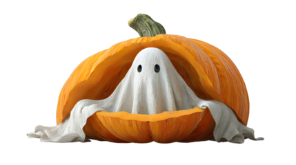 Cute Halloween ghost relaxing inside a hollow pumpkin, ready for trick or treat, isolated on white background