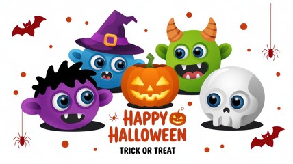 Obraz premium Spooky Halloween Celebration: A vibrant Halloween scene filled with spooky characters, including grinning pumpkins, quirky monsters, and festive decorations.