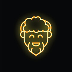 Neon sign showing a smiling cartoon man with a beard on a black background