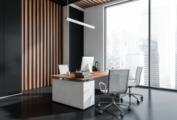 Contemporary office interior with sleek desk, mesh chairs, wood panel décor, and cityscape view through large windows on a bright background. Concept of workspace. 3D Rendering