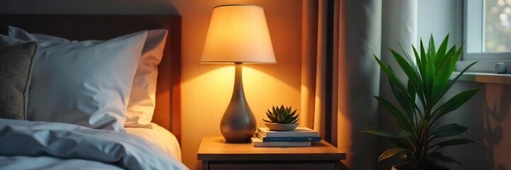 Stylish Nightstand Setup Cozy Lamp, Books, Succulent Plant for Relaxing Bedroom Decor
