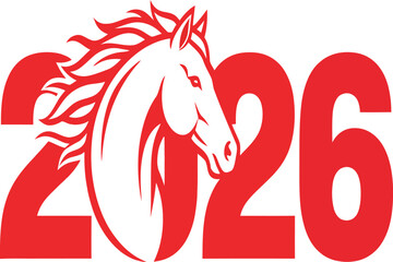 The image showcases a striking design featuring the year "2026" in bold red numerals, accompanied by a stylized horse head in a complementary red outline. The horse symbolizes strength and vitality, m
