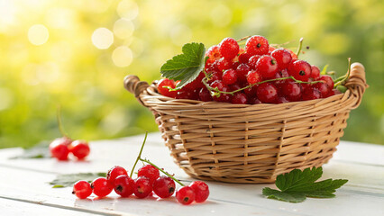 Red Currants in basket with water drop on white surface in natural warm sunlight background