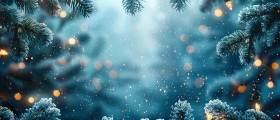 Snow-covered fir branches in winter snowy forest against the background of Christmas lights. Snowy background for Christmas and New Year card, banner. Copy space.