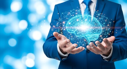 Businessman in blue suit holding a glowing digital brain in his hands, symbolizing artificial intelligence