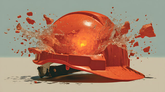 Shattered orange hard hat exploding.