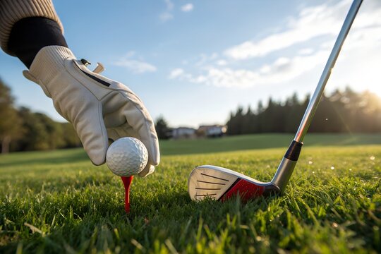 Close up of golfer placing golf ball on tee on green grass with golf club and sunset in background