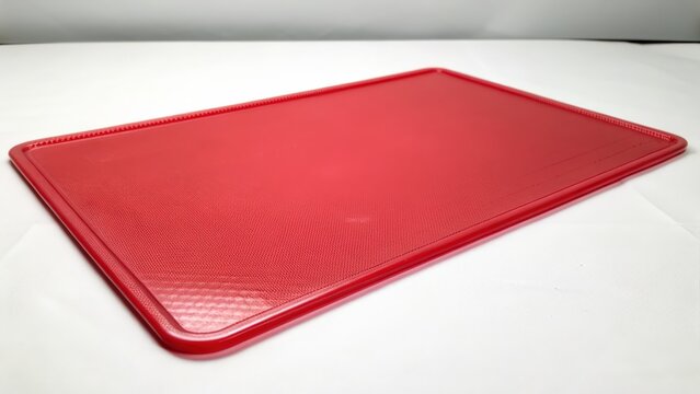 Red rectangular platter on white surface for culinary presentation