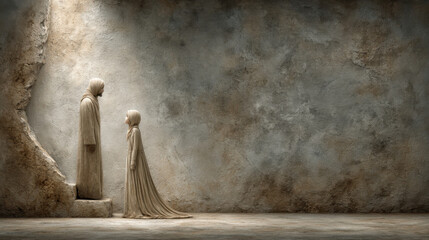 Hooded man and child standing in an ancient stone room