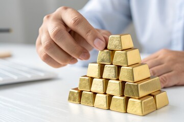 Person stacking gold bars into pyramid shape, representing financial stability and investment strategy