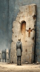 Lonely man standing near a cracked stone wall with cross