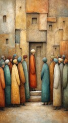 People gathered around a doorway in a colorful old town