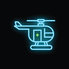 Neon blue icon of a medical helicopter with a green medical cross, transporting a patient