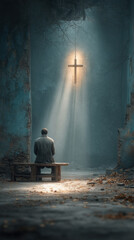 Man sitting alone under cross and light in old church