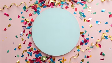 Festive confetti background with a light blue circle in the center for text or graphic design