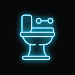 Blue neon icon of a toilet glowing on a dark background