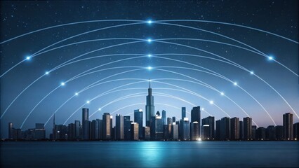 Digital Cityscape at Night with Radiating Lights Over Skyline