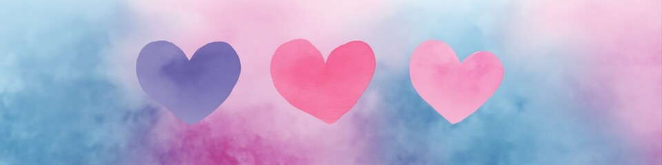 Fototapeta premium Three watercolor hearts on pastel background