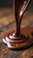 Decadent Melting Chocolate Rich Swirls and Drips on Rustic Wood, Perfect for Food Blogs and Dessert Menus