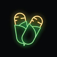 Glowing neon sign depicting two corn cobs on the cob, isolated on a black background, perfect for restaurant advertisement