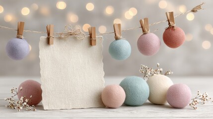 Blank note card with soft pastel balls and festive garland