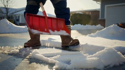 Man shoveling snow with a shovel in front of a residential driveway in winter season.