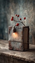 Vintage book lamp with red berries and soft warm glow