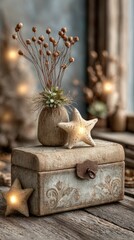 Rustic box decor with glowing stars and dried flower vase