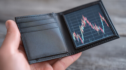 A wallet displaying a stock chart in hand, with an implication of financial investment and the impact of the market