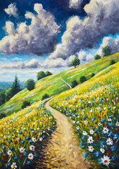 Winding path ascending a verdant hill covered with vibrant wildflowers under a dramatic clouded sky, depicting a journey through nature in an impressionistic art style