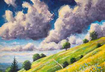 Impressionist style painting showing a narrow path winding up vibrant green hills covered with wildflowers under a dramatic blue sky filled with large, fluffy cumulus clouds implying a summer day