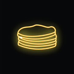 Bright yellow neon sign depicting a stack of pancakes glowing on a black background