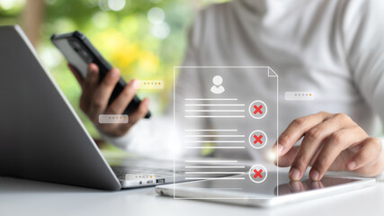 Digital data verification concept showing a person using a smartphone and a tablet with rejection symbols, representing account denial, online review, and cybersecurity access control.