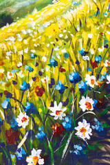 Wildflowers painting showing an impressionistic summer landscape with bright yellow, blue, white, and red blossoms among green grasses, depicting beauty and nature