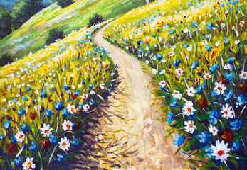 Colorful impressionist oil painting depicting a winding path ascending a sunlit hill, surrounded by a vibrant field of blossoming spring wildflowers under a blue sky, conveying growth and journey