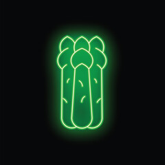 Green neon sign depicting three stalks of asparagus on a black background