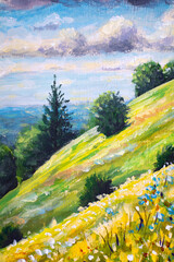 Vibrant oil on canvas summer landscape with rolling green and yellow hills, scattered trees and blooming wildflowers beneath a bright, cloud-streaked sky, textured brushstrokes